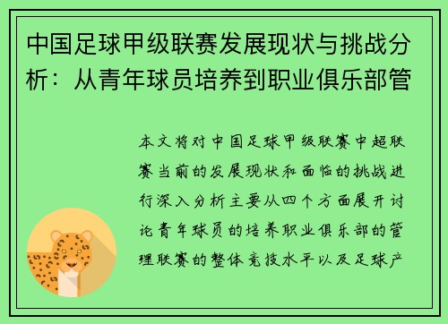 中国足球甲级联赛发展现状与挑战分析:从青年球员培养到职业俱乐部管理探讨